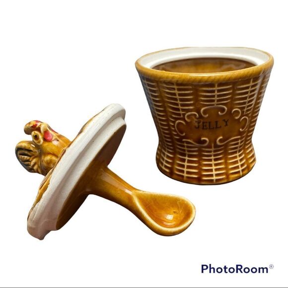 Japan Ceramic Basket Weave Rooster Coffee, Jelly and Jam Farmhouse Kitchen Set🐓 - Picture 4 of 7